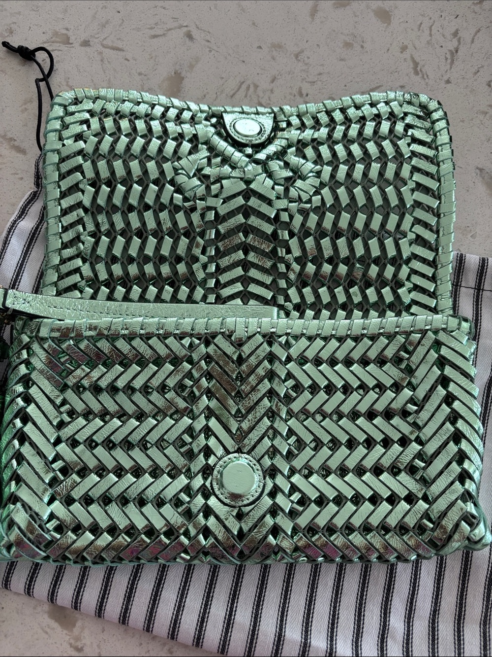 ANYA HINDMARCH Pistachio Green Metallic Neeson Tasseled Clutch Bag - Picture 3 of 10